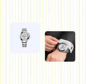 A chronograph watch shown on its own and the same watch worn on a wrist