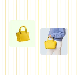 A yellow handbag shown on its own and carried by a model