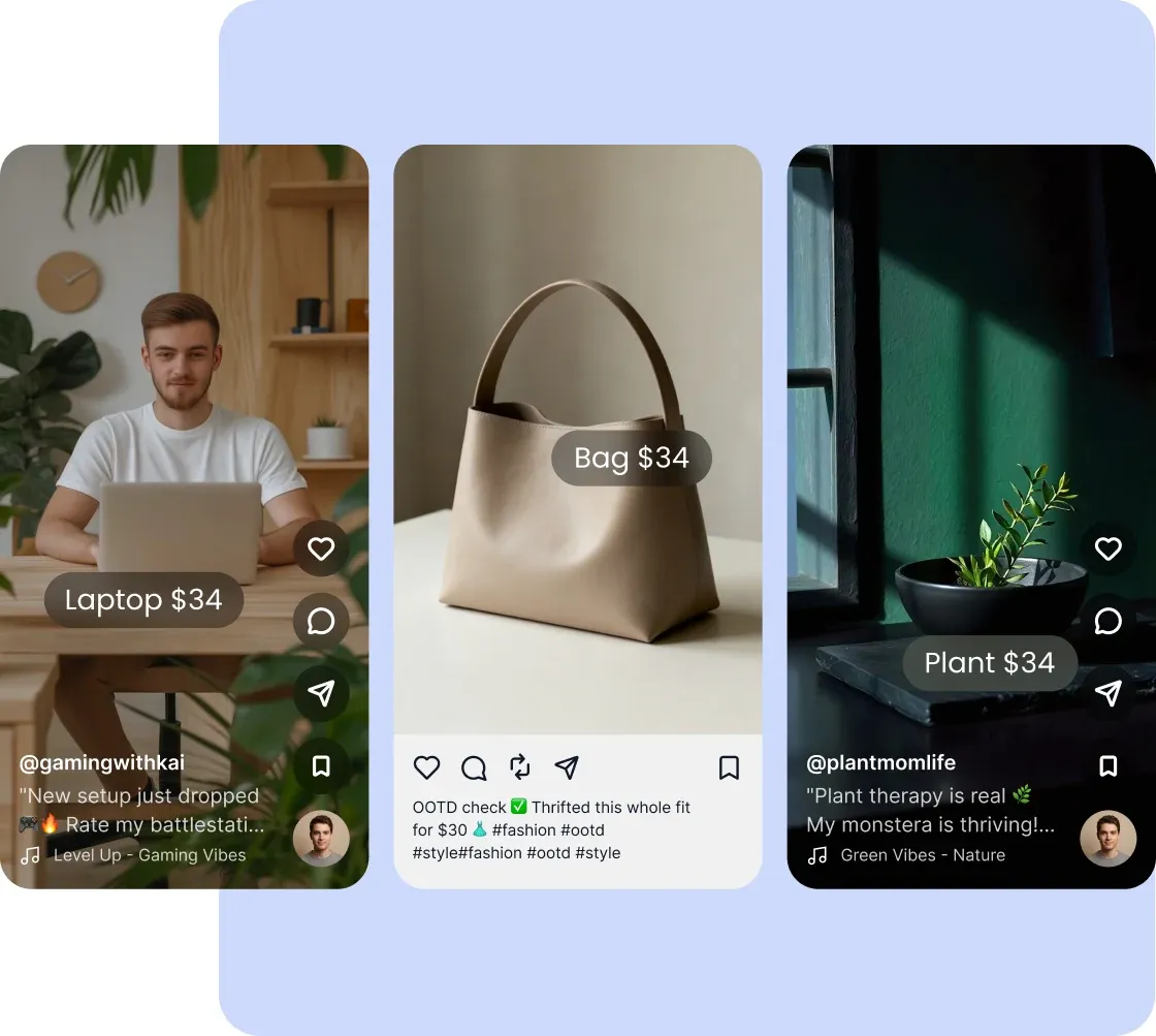 Three shoppable posts side by side, each tagged with its product and price