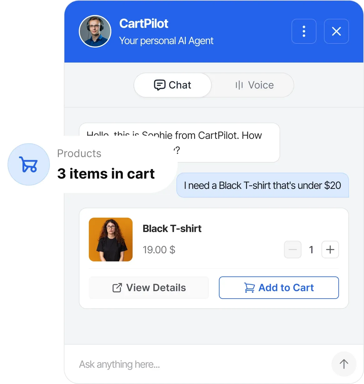 The CartPilot chat widget finding a black T-shirt under $20 and adding it to the cart