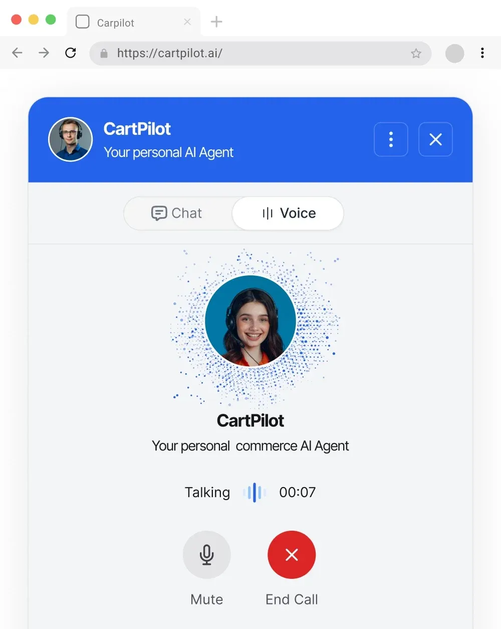 The CartPilot widget mid voice call with a shopper