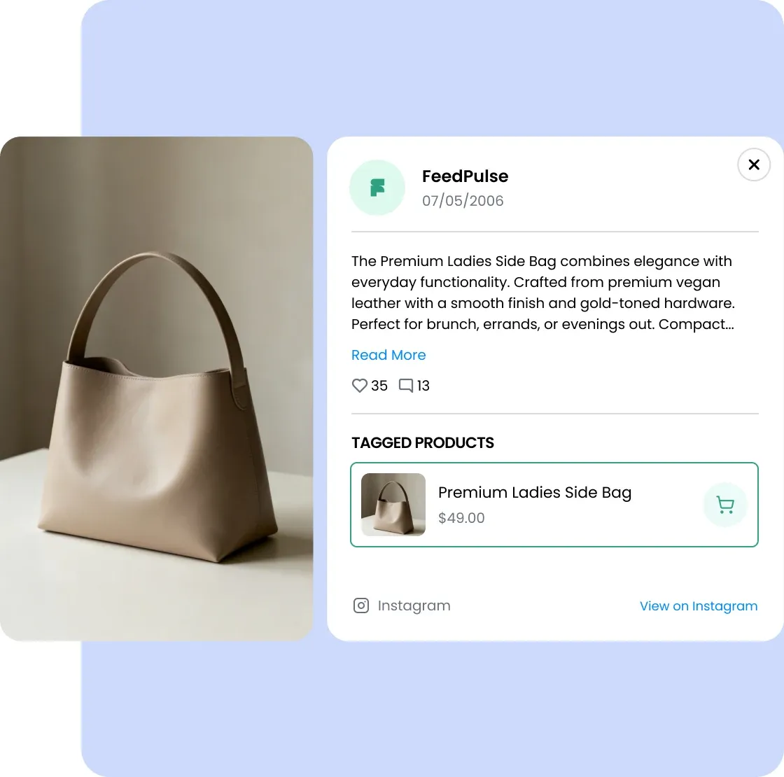 A post opened beside its tagged product, priced and ready to add