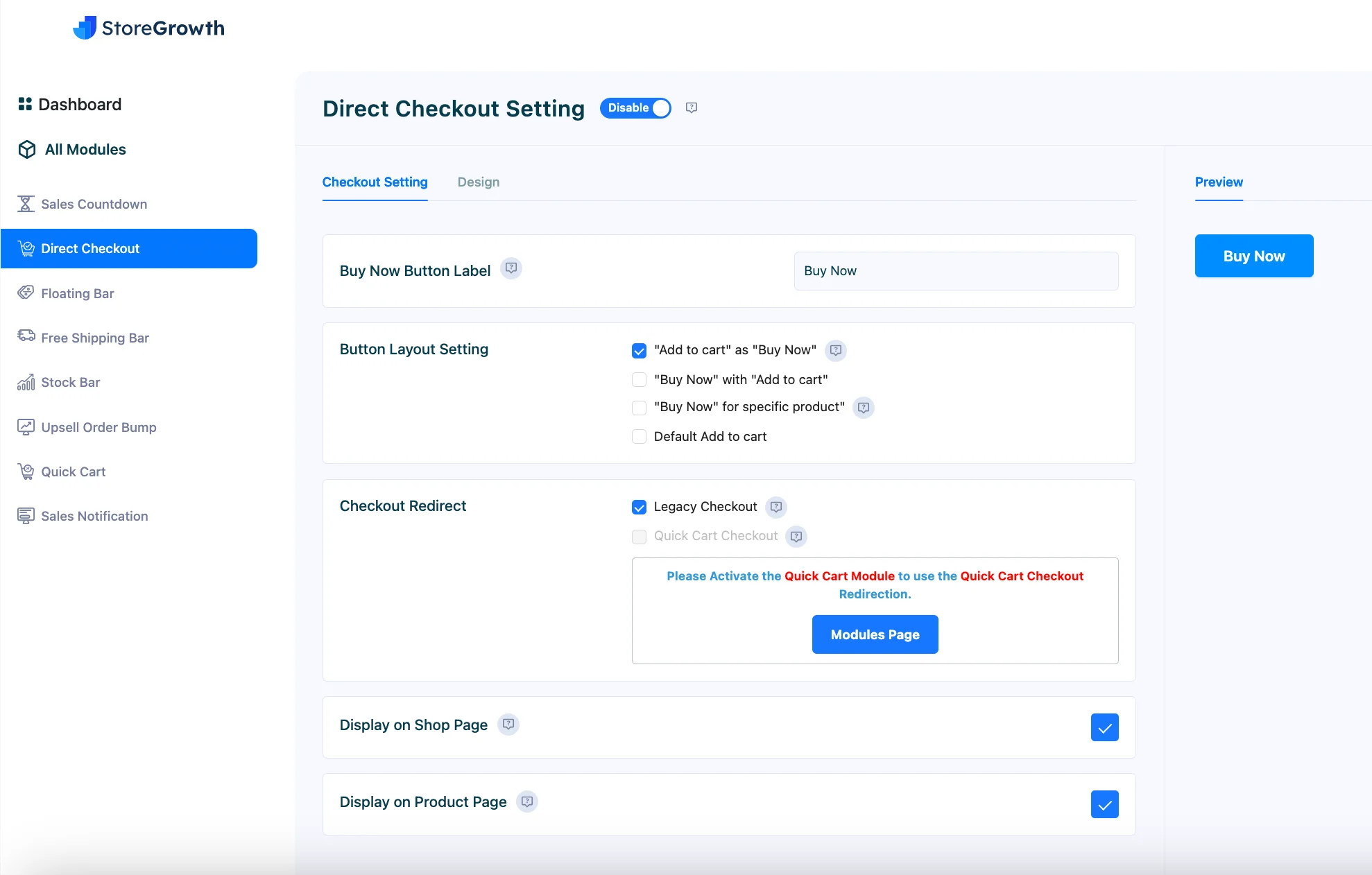 WooCommerce one step checkout - StoreGrowth one page checkout dashboard