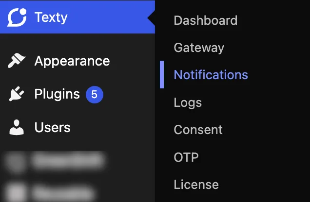WordPress admin Texty submenu with Notifications highlighted showing Dashboard, Gateway, Notifications, Logs, Consent, OTP, and License links
