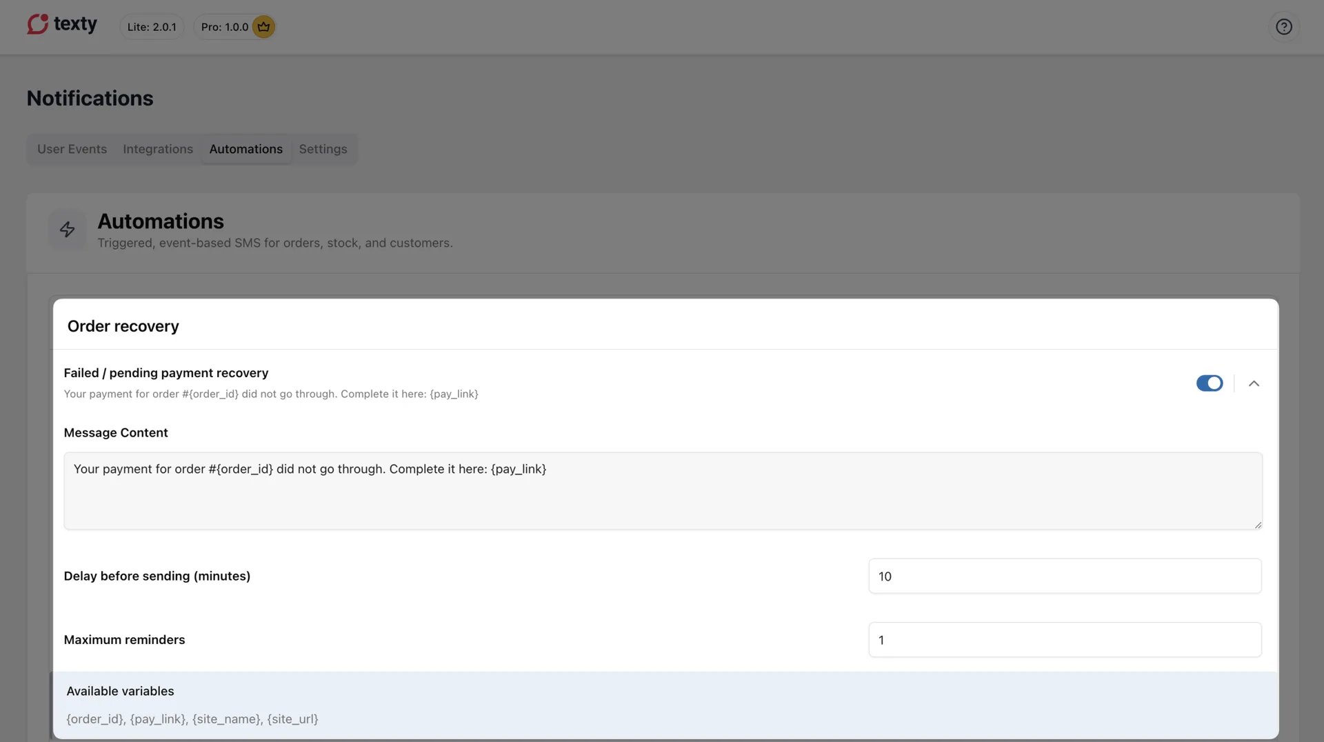 Texty Automations Order recovery section with the Failed or pending payment recovery trigger expanded showing Message Content and delay before sending