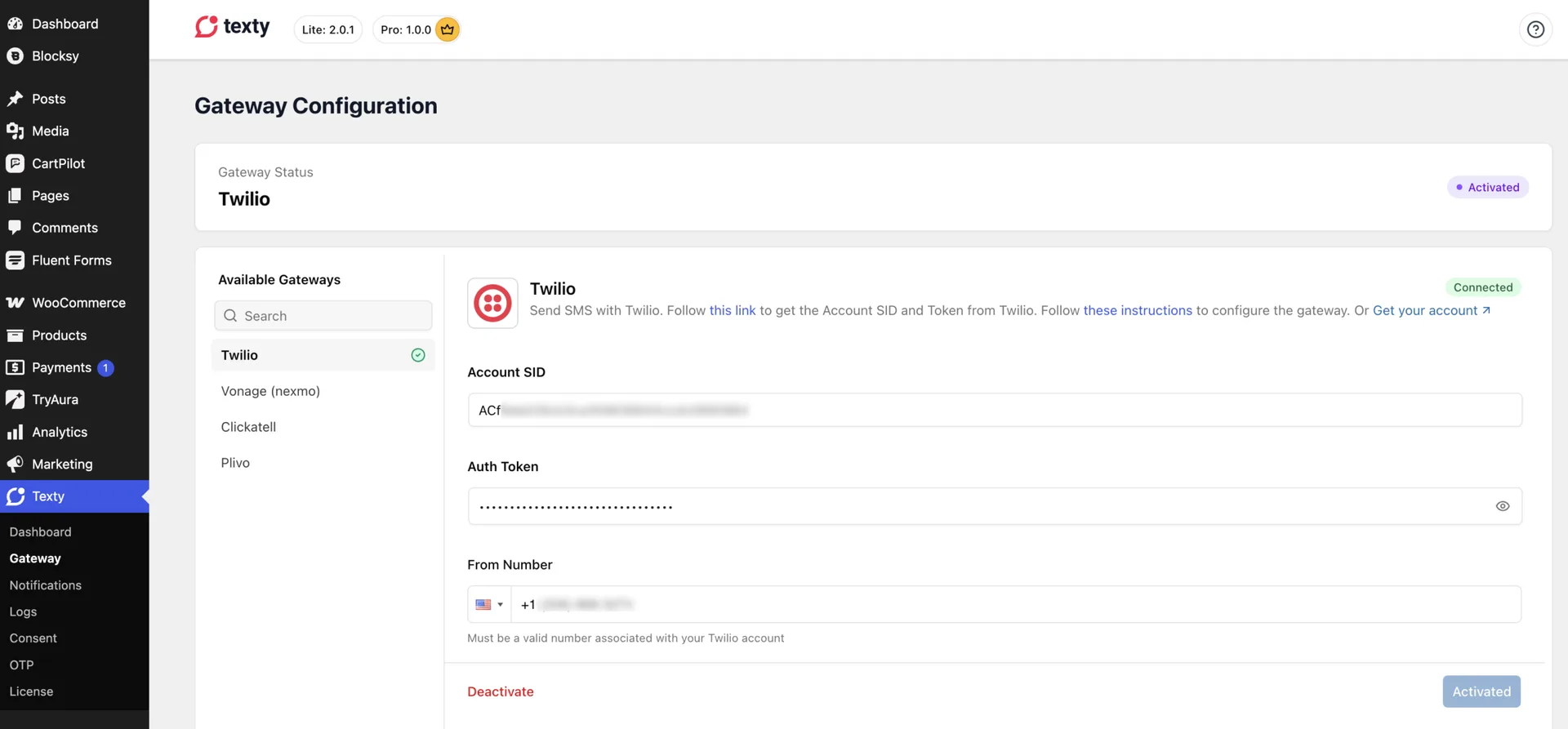Texty Gateway Configuration screen with Twilio connected, showing Account SID, Auth Token, and From Number fields