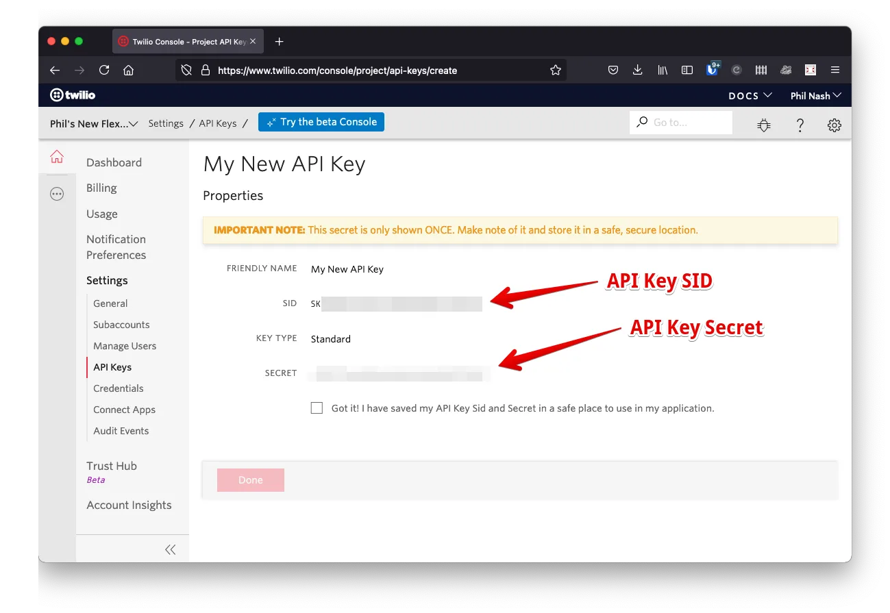 Twilio Console API Keys page with red arrows pointing to the API Key SID and API Key Secret fields