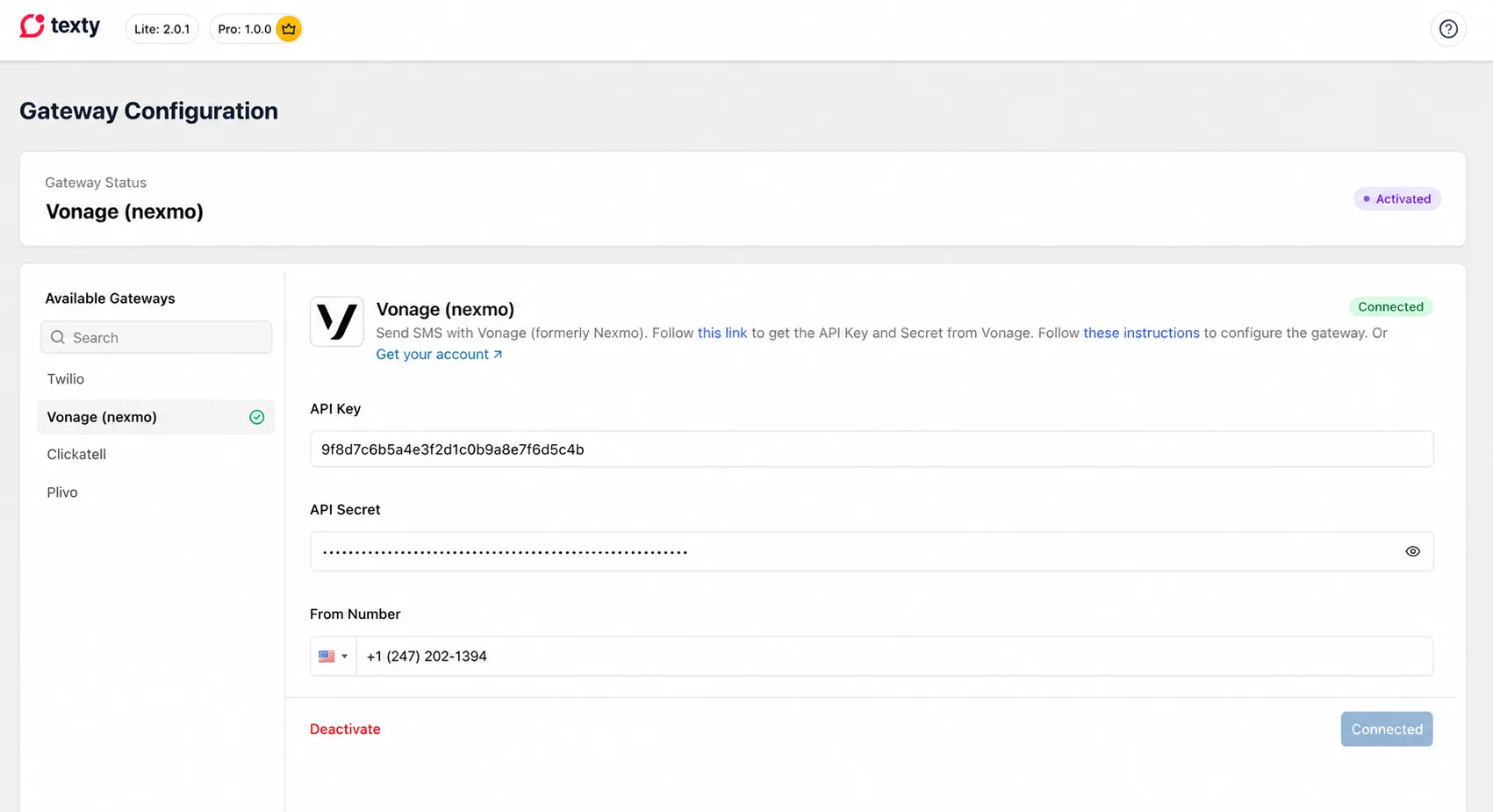 Texty Gateway Configuration screen with Vonage (Nexmo) connected and active, showing API Key, API Secret, and From Number fields