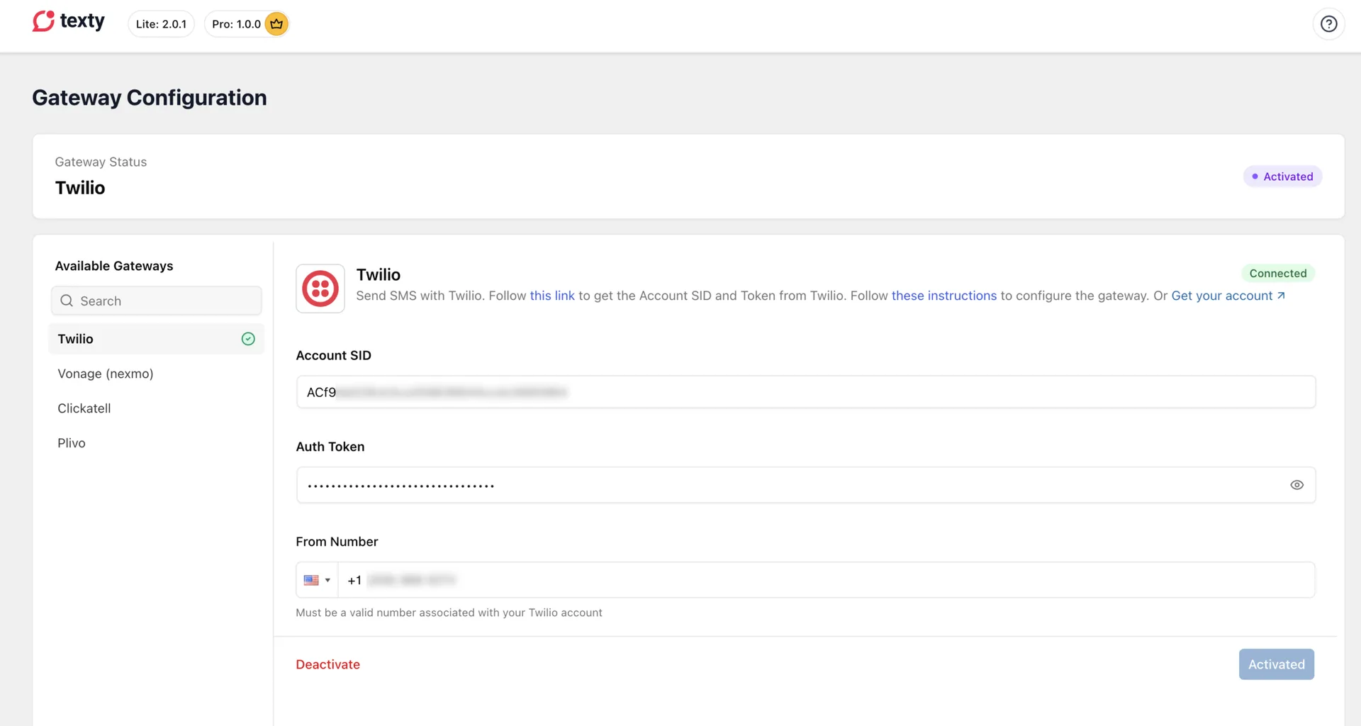 Texty Gateway Configuration screen with Twilio selected, showing Account SID, Auth Token, and From Number credential fields