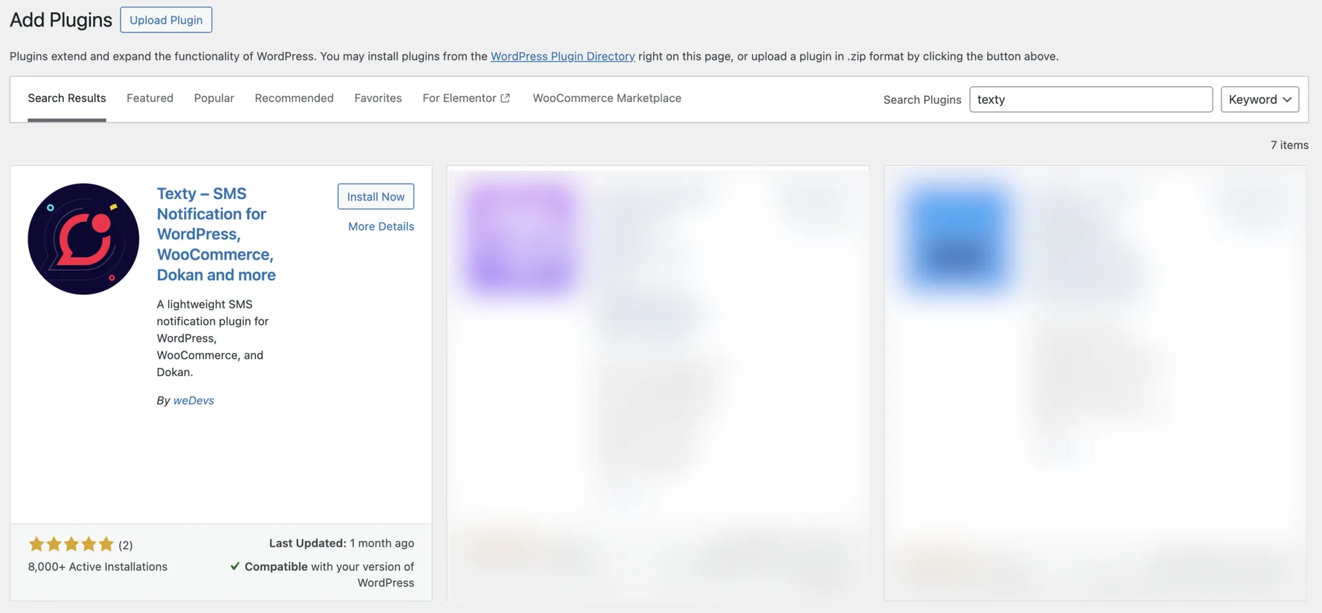 WordPress admin Add Plugins search results showing the Texty SMS Notification plugin with the Install Now button