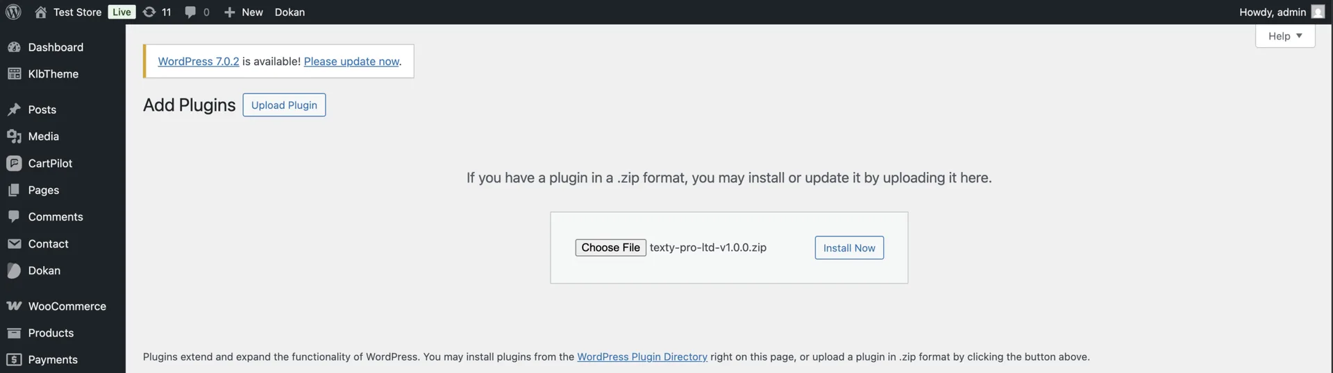 WordPress Upload Plugin screen with the Texty Pro ZIP file selected and ready to install