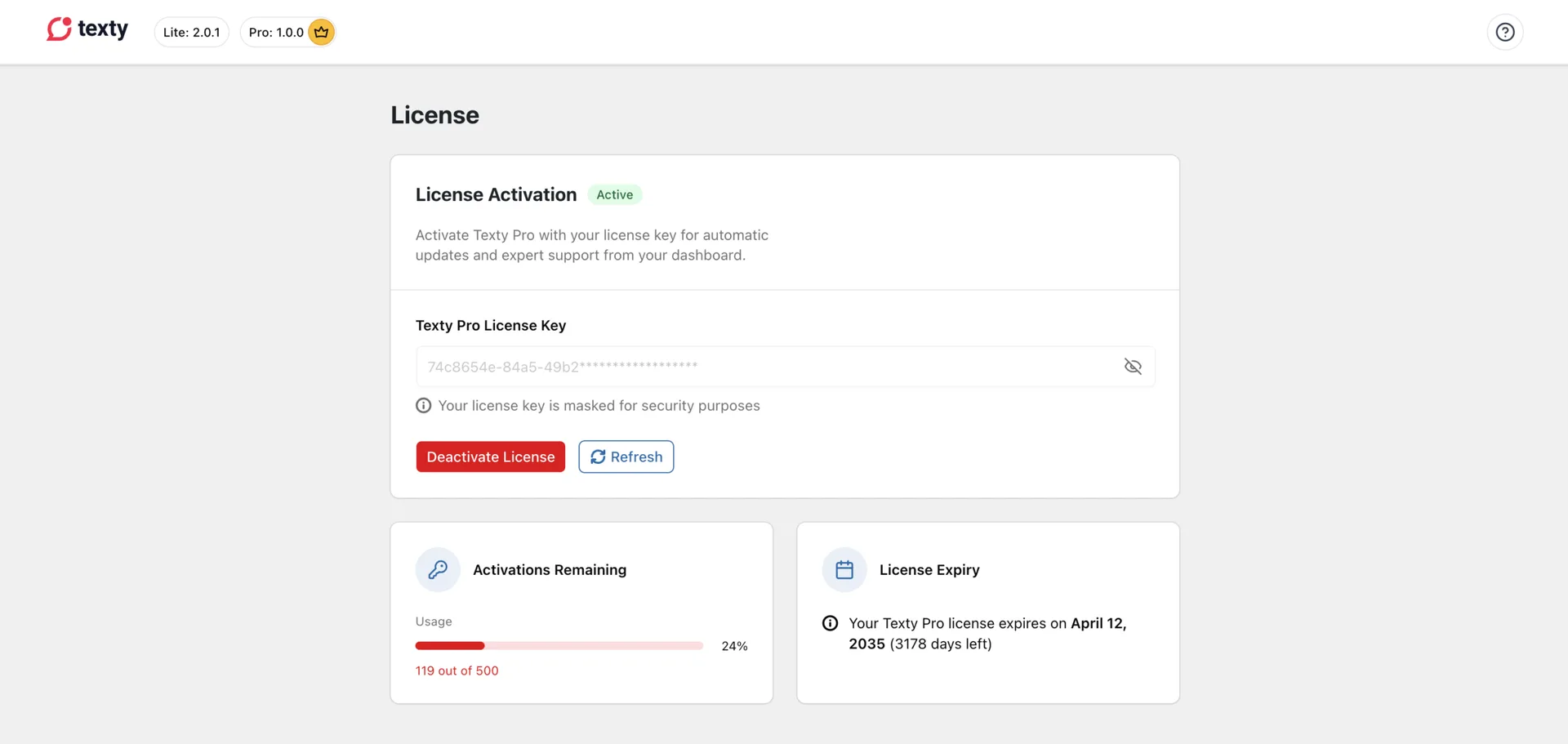 Texty License settings page showing an active Texty Pro license key with activations remaining and license expiry date