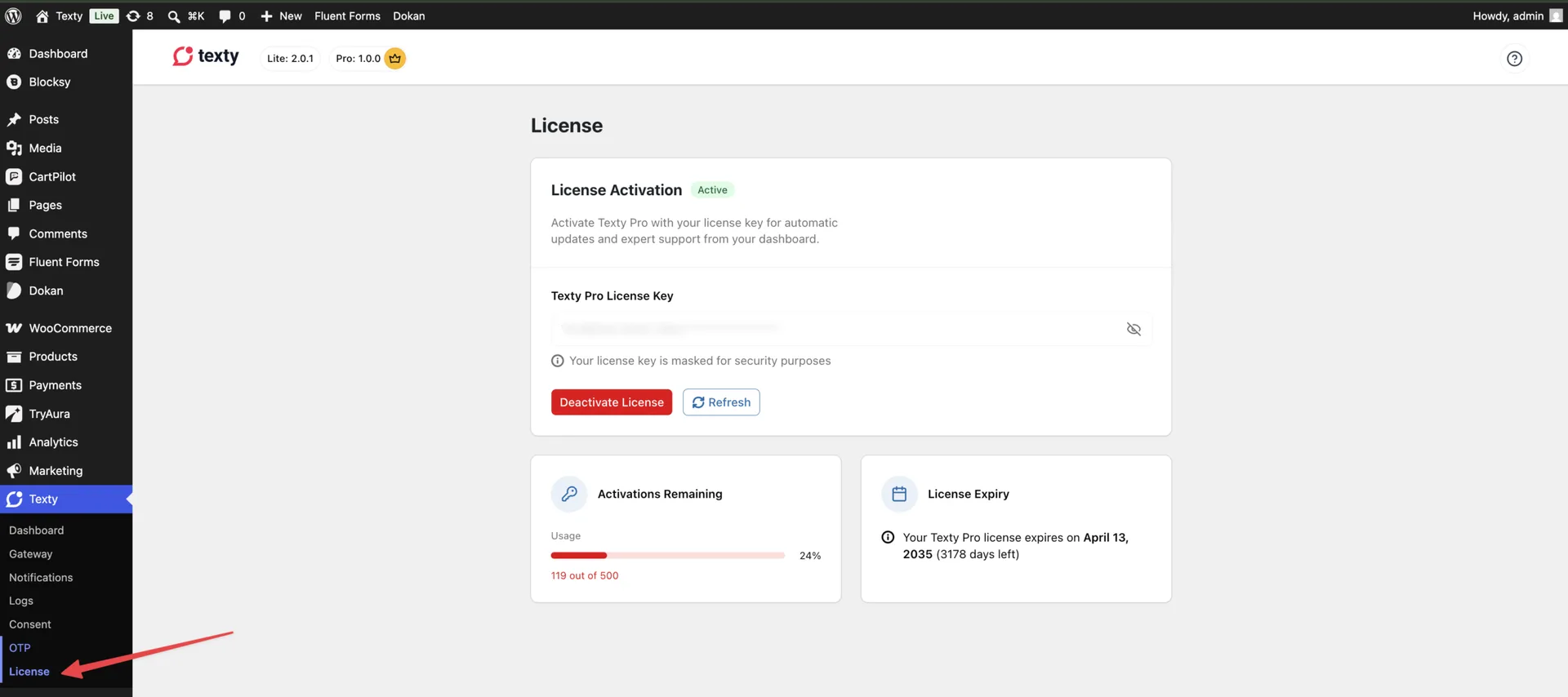 Texty License page showing an Active license status with Deactivate License and Refresh buttons, activations remaining, and license expiry date