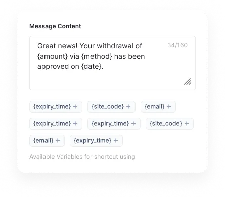 Texty Message Content editor showing an SMS template with clickable dynamic variable tags such as expiry_time, site_code, and email