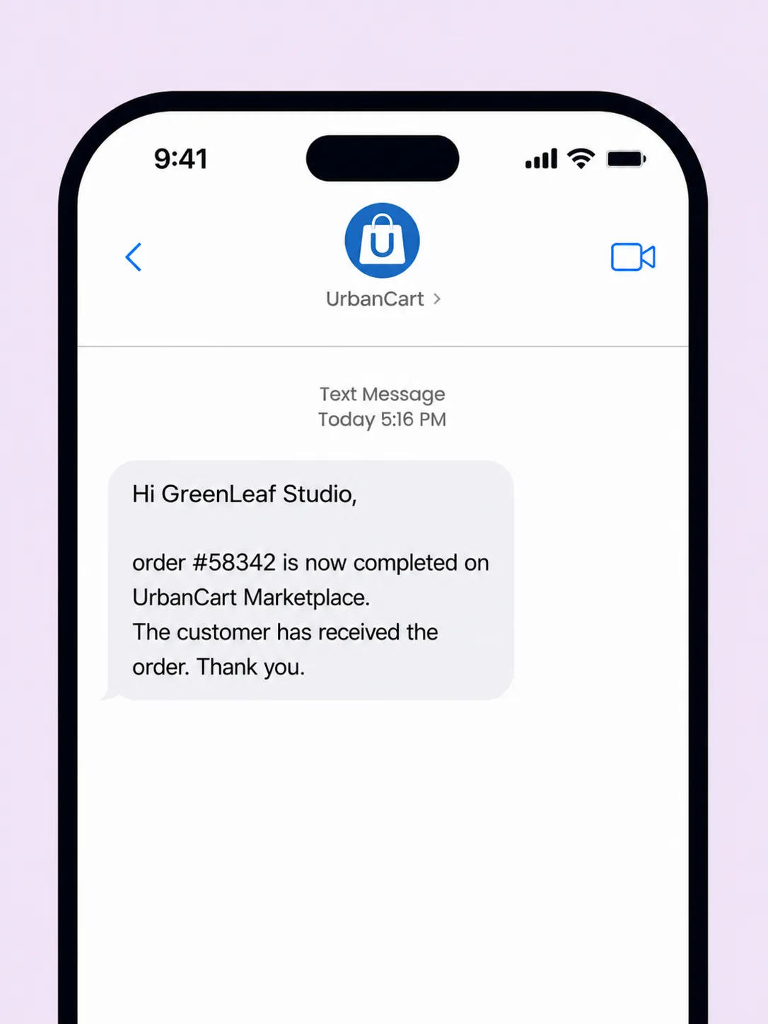 Example smartphone text message showing a Texty SMS notification telling a Dokan vendor their marketplace order was completed
