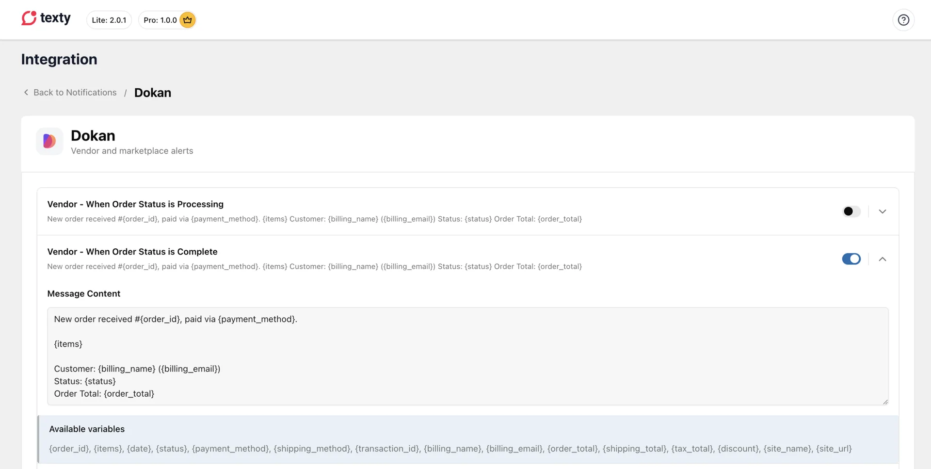 Texty Dokan Integration screen listing vendor order status SMS alerts with message content for Processing and Complete events