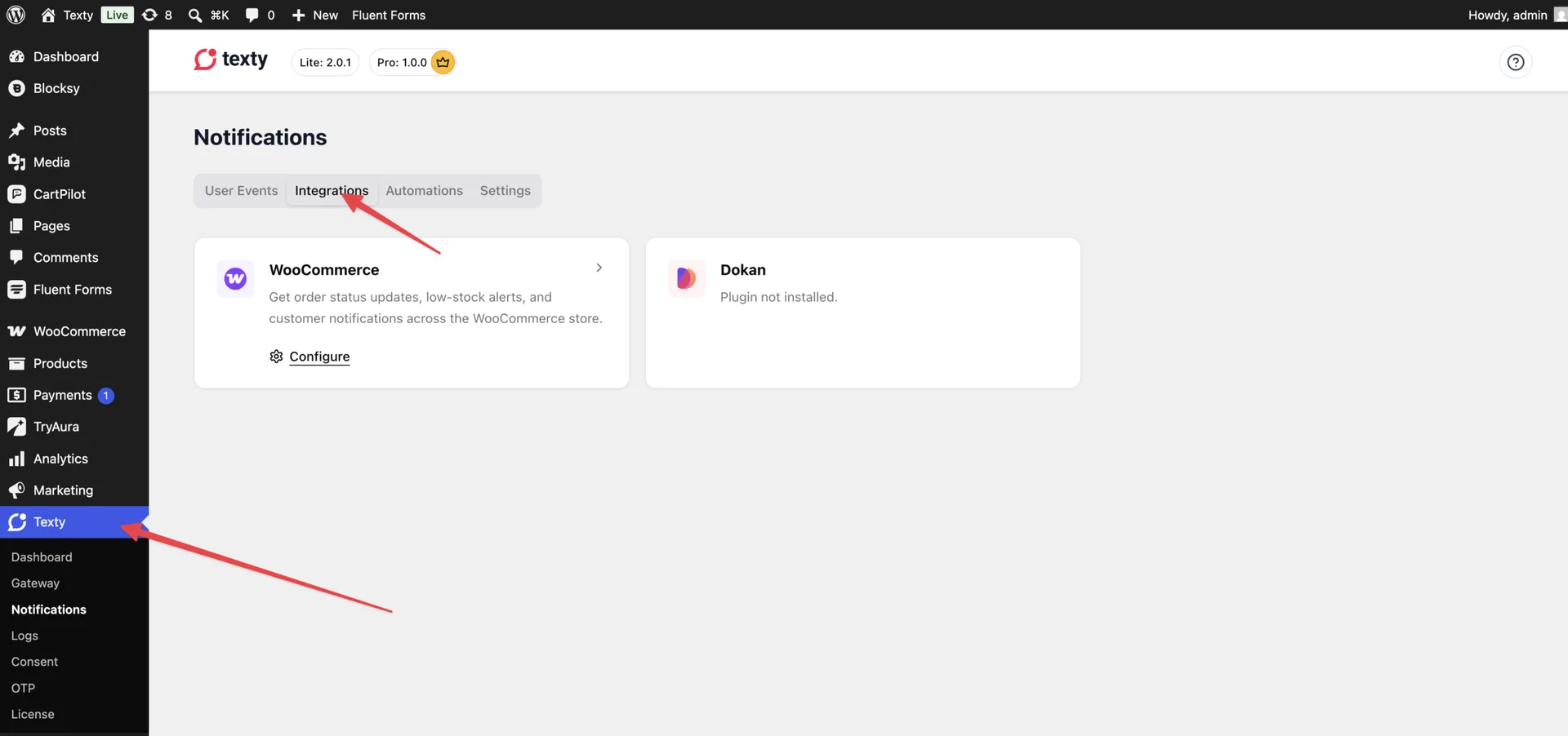 Texty Notifications page Integrations tab showing the WooCommerce card with the Configure link highlighted