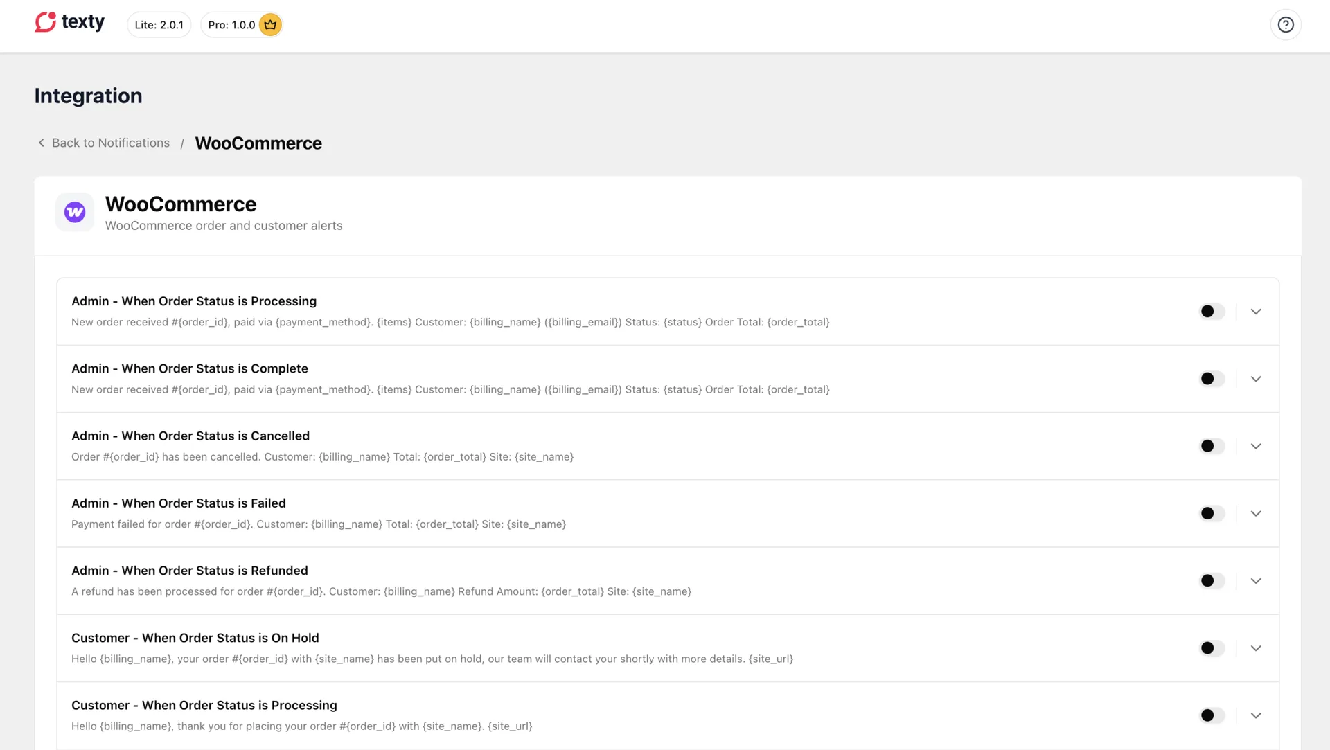 Texty WooCommerce Integration screen listing admin order status SMS alerts such as Processing, Complete, Cancelled, Failed, and Refunded
