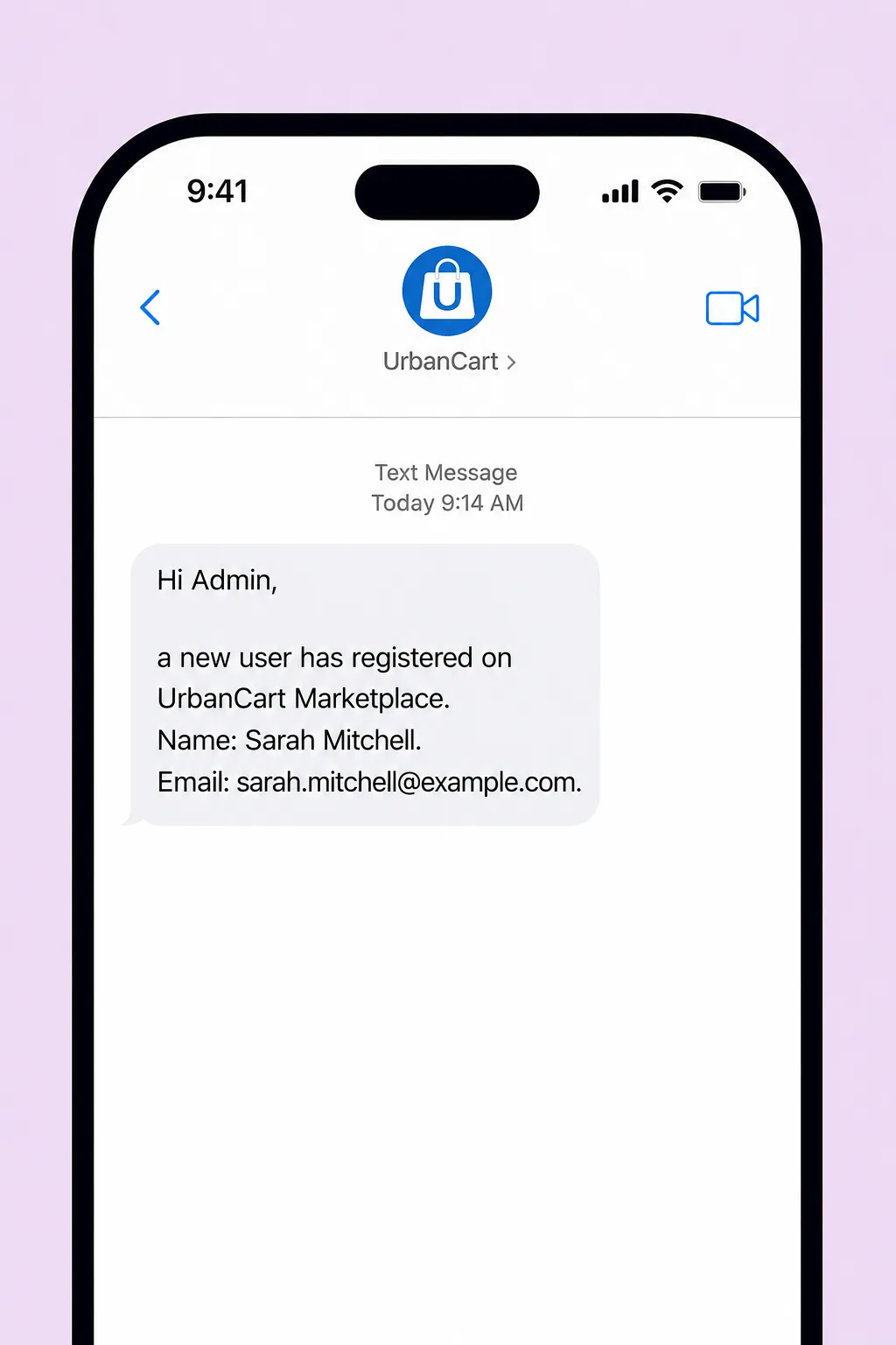 Example smartphone text message showing a Texty SMS alert telling an admin that a new user has registered on the site