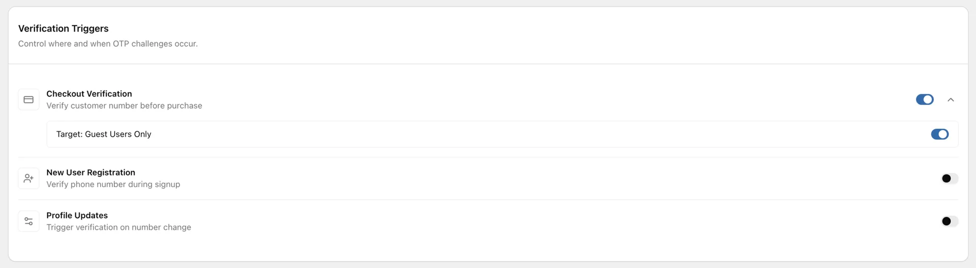Texty OTP Verification Triggers list showing Checkout Verification enabled with Target set to Guest Users Only
