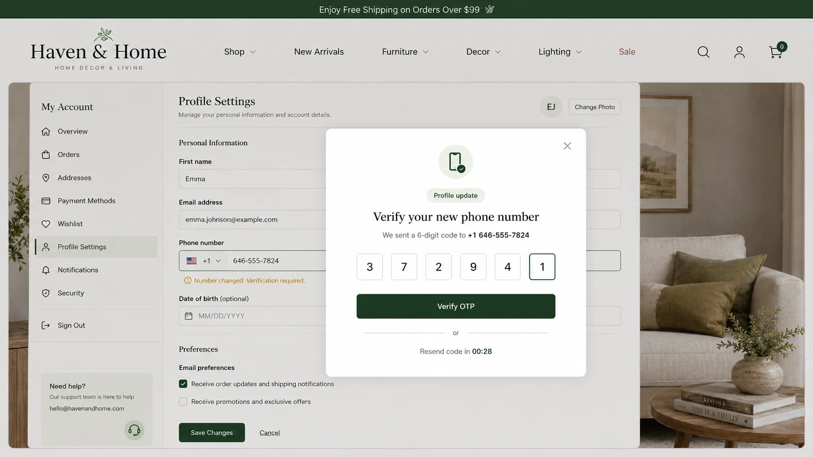 WooCommerce My Account Profile Settings page with an OTP modal verifying a newly entered phone number