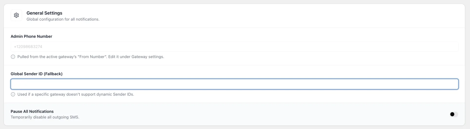Texty General Settings panel with the Global Sender ID Fallback field selected for entering an approved sender name