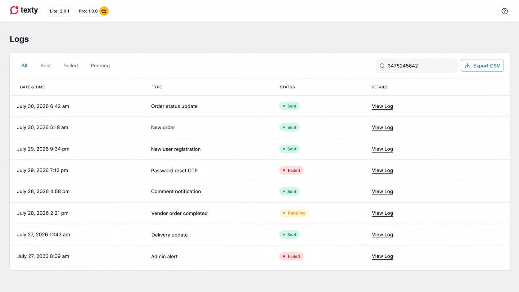 Texty Logs page with a phone number search showing order, registration, OTP, comment, and vendor SMS records with their statuses