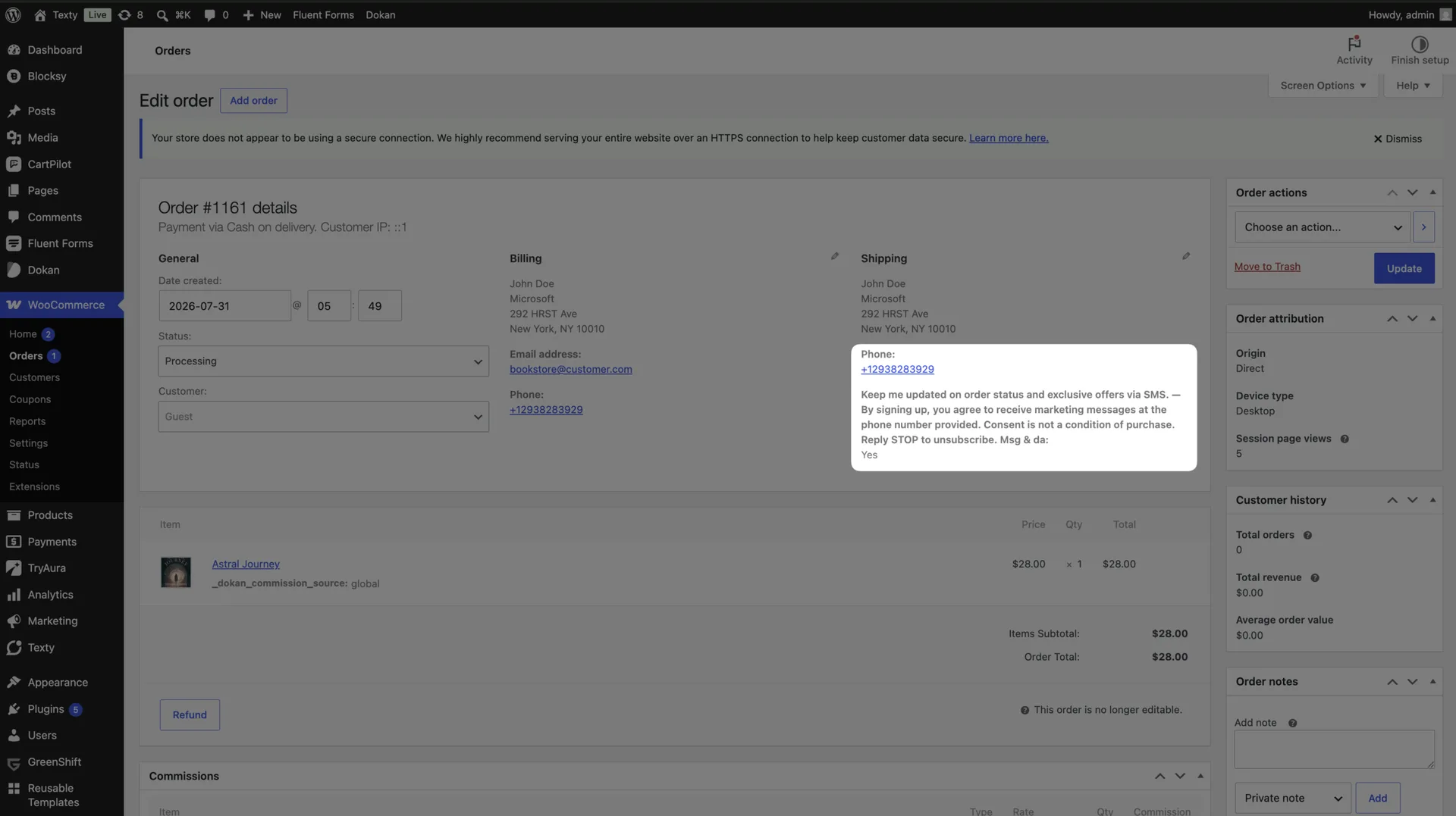 WooCommerce order edit screen showing the Texty SMS consent record with the checkbox label, disclaimer text, and Yes choice under the Shipping phone number